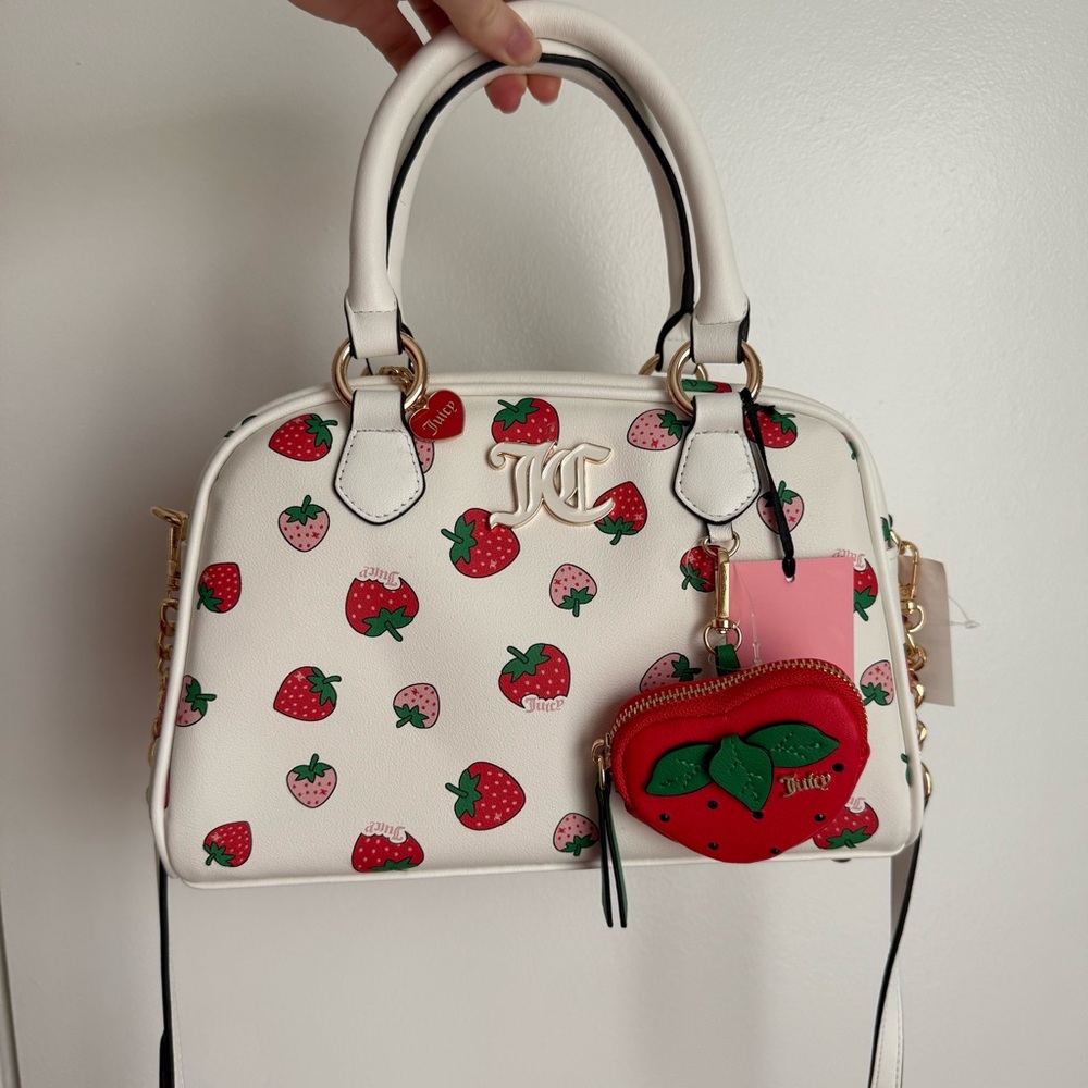 Juicy Couture White Strawberry Print Handbag bowler bag Y2K bag